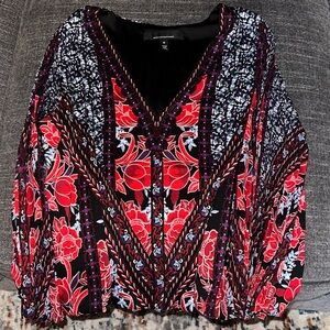 White House Black Market Floral V-Neck Blouse - Red, Black, and Purple